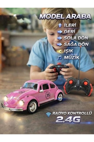 Uzaktan Kumandalı Şarjlı Işıklı Full Fonksiyon Kauçuk Tekerlekli Nostalji Vosvos Araba Pembe