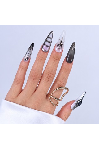 Gri Nail Art Extra Uzun 10'lu Tekrar Kullanılabilir El Yapımı Protez Takma Tırnak Keee1669 L