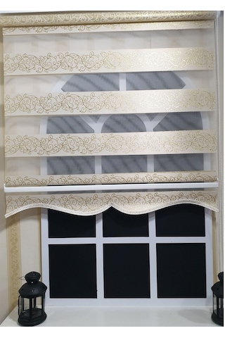 Zebra Stor Perde Sarı Sarmaşık Desen Altın Simli Etek Dilimli Stb9300 V 02
