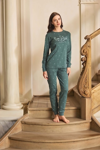 Aydoğan Kadın Lavin Ribana Manşetli Viridian Koton Pijama Takım 0593 Yeşil