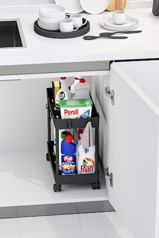 2 Adet Siyah 2 Katlı Tekerlekli Düzenleyici Mutfak Ve Banyo Rafı