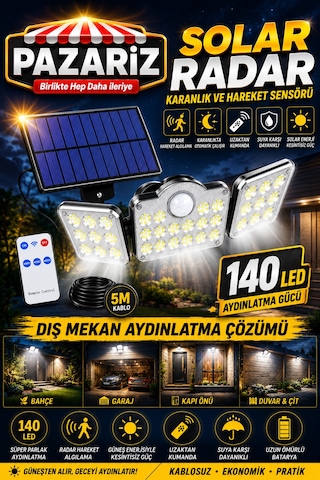 140 Led Güneş Enerjili Led Aydınlatma Solar Lamba Kumandalı 5 Metre Kablolu Bahçe Lambası 3 Modlu Kaliteli Sensörlü Solar Sokak Lambası 3 Başlı Hareket Sensörlü Dış Mekan Güvenlik Lambası