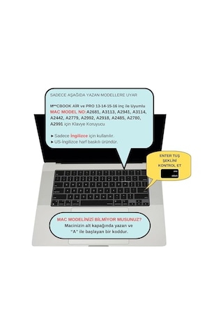 Macbook Klavye Koruyucu Silikon Us İngilizce Uyumlu Air 13.6-15.3 Ve Pro 14.2-16.2 M1-m2-m3-m4-m5 Ultra İnce Toz Ve Sıvı Koruma Siyah