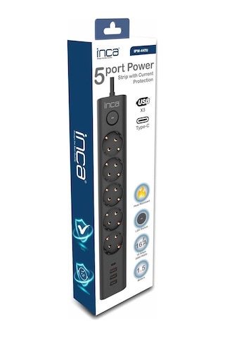 Inca Ipw-44tu 5li 1,5mt Siyah 3usb+typ-c Akım Korumalı Led Tuşlu Priz Standart