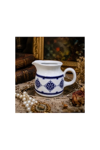 Vintage Mavi Desenli Porselen Sütlük Küçük Boy Servis Sürahisi