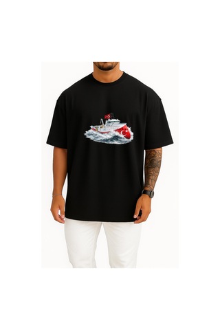 Bahriyeli Collection Oversize Rv Barbaros Hayreddin Paşa Dalgalar Arası Göğüs Ve Sırt Baskılı Unisex T-shirt Siyah