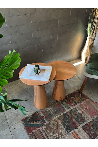 2'li Zigon Mantar Sehpa Mushroom Masif Ahşap Modern Yan Sehpa Takımı Naturel Kayın