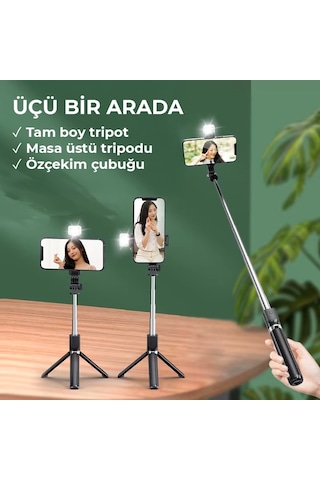 Upway Bluetoothlu Kumandalı Led Işıklı Teleskobik Katlanabilir Özçekim Tripodu