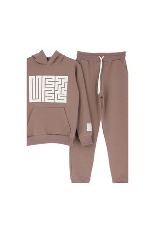 Kız Çocuk 2 İplik Küfe Yazı Görselli Kapüşonlu Alt-üst Takım 12374 Açık Kahve