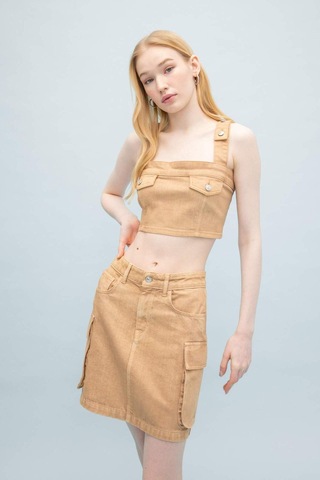 Defacto Coool Kargo Fit Gabardin Yıkamalı Soluk Efektli Mini Etek C4456AX24SPBG387 Bej