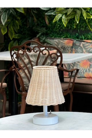 Rattan & Bambu Masa Üstü Kablosuz Pilli Abajur Masa Lambası Beyaz
