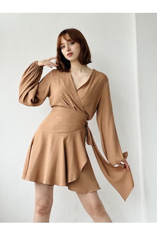 Retrobird Tasarım Ashley Kruvaze Elbise Kadın Taba