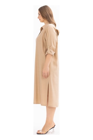 Galaxi Kadın Büyük Beden Katlanabilir Kol Düğmeli Elbise 4008 Camel
