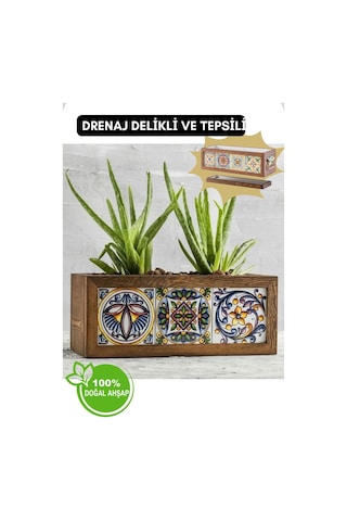 Halohope El Yapımı 3 Meksika Çinili Dekoratif Modern Ahşap Dikdörtgen Bahçe Balkon Saksı Saksılık Çiçeklik