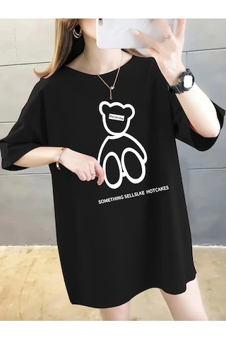 Wear Vexel Kadın Tişört Penye Compack Baskılı Oversize Bisiklet Yaka T-shirt - Siyah Siyah