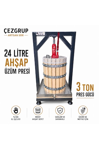 Çezgrup Artisan Seri 24 Litre Premium Ahşap Üzüm & Meyve Sıkma Presi 3 Ton Krikolu 304 Çelik Kapaklı