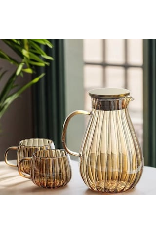 Morponi Borosilikat Cam Papatya Model Amber Sürahi 1800 Ml & 6 Adet Bardaklı