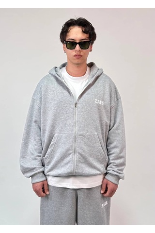 Zaee İnce Kumaş Nakışlı Oversize Premium Zip Hoodie Gri