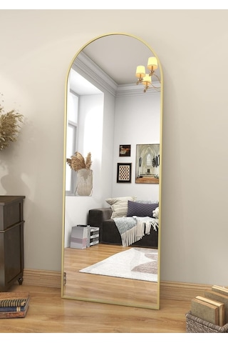 Zer 160x55 Kemerli Zemin Aynası,tam Boy Aynalı Duvar Aynası, Yatak Odası, Giyinme Odası İçin Standlı Gold