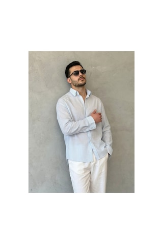 Butik İstanbul Erkek İnce Çizgili Gofre Kumaş Rahat Kalıp Gömlek Buz Mavi