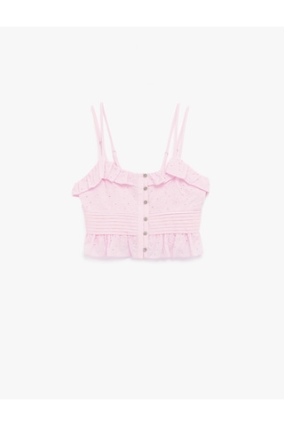 Koton Pamuklu Kolsuz Fırfırlı Yaka Düğmeli Brodeli Crop Bluz Pembe 5sal30039ıw Gül