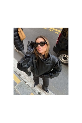 Cıqulata Yeni Sezon Kadın Oversize Dik Yaka Apoletli Siyah Deri Ceket Siyah&black Siyah&Black
