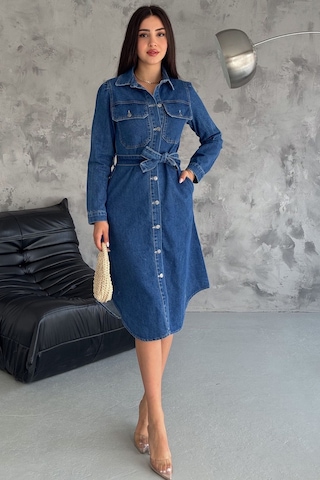 Noa & Noa Kadın Kuşaklı Düğmeli Denim Elbise Yapılandırılmış & Şehirli Stil Mavi