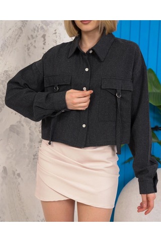 Kemer Cepli Keten Crop Gömlek Siyah S255350 Siyah