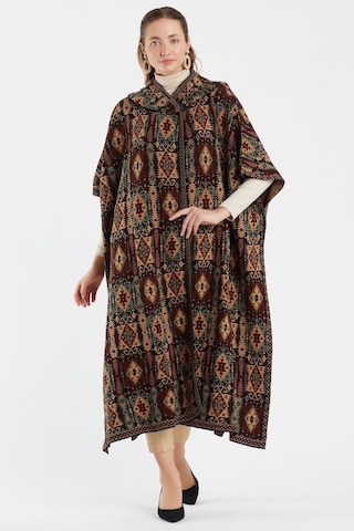 Uludağ Triko Kadın Kilim Desen Kapşonlu Panço Gümüş-Std Gümüş