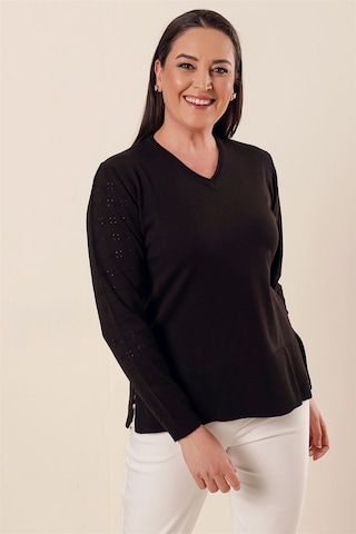 V Yaka Kolları Modelli Yanları Yırtmaçlı Büyük Beden Akrilik Kaza Siyah