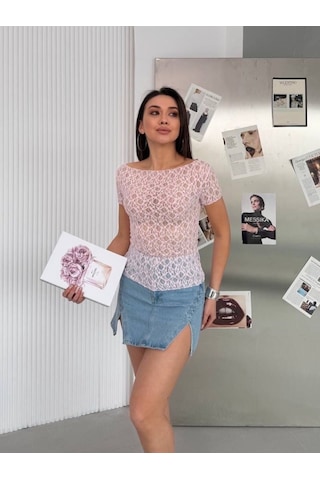 Elaxi Kadın Kayık Yaka Kısa Kollu Dantel Bluz Pembe