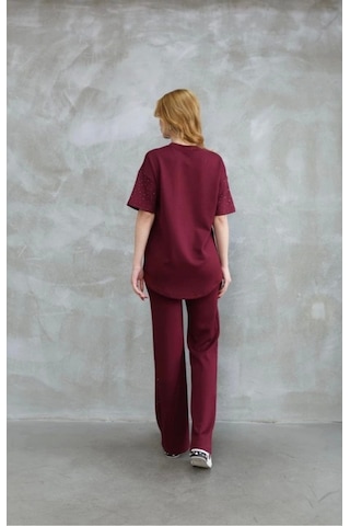 Defymoda Osy Modal Yumuşak Dokulu Kumaş Bisiklet Yaka Taş Detaylı Kısa Kollu Takım - Bordo Bordo
