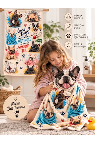 Kedi & Köpek Kurulama Havluları French Bulldog Desenli Hızlı Kuruyan 50x100cm