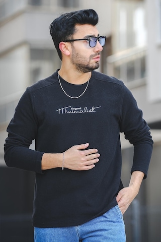 Oksit Mnmlst 017 Baskılı Selanik Pamuklu Slim Fit Likralı Sıfır Yaka Erkek Sweatshirt 001