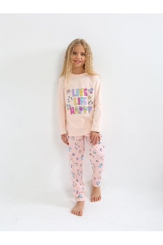 Kız Çocuk Uzun Kollu %100 Pamuklu Pijama Takımı Happy Life SOMON