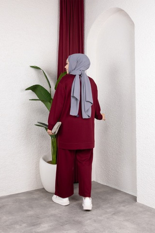 Hira Life Fashion Moda Efsa Kadın Bordo Tesettür Giyim Zarif Taş Detaylı Tunik & Pantolon İkili Takım Bordo Bordo