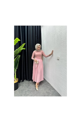 Meecy Mnk Model Geniş Etekli Büzgü Tesettür Elbise Pembe Pembe