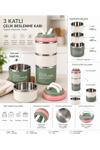 Muzeko 3 Katlı Paslanmaz Çelik Yemek Kabı Sızdırmaz Kapaklı Sefer Tası Taşınabilir Diyet Beslenme Kabı Kahve Krem Hy11502c3 1450ml Yeşil - Kahverenghi