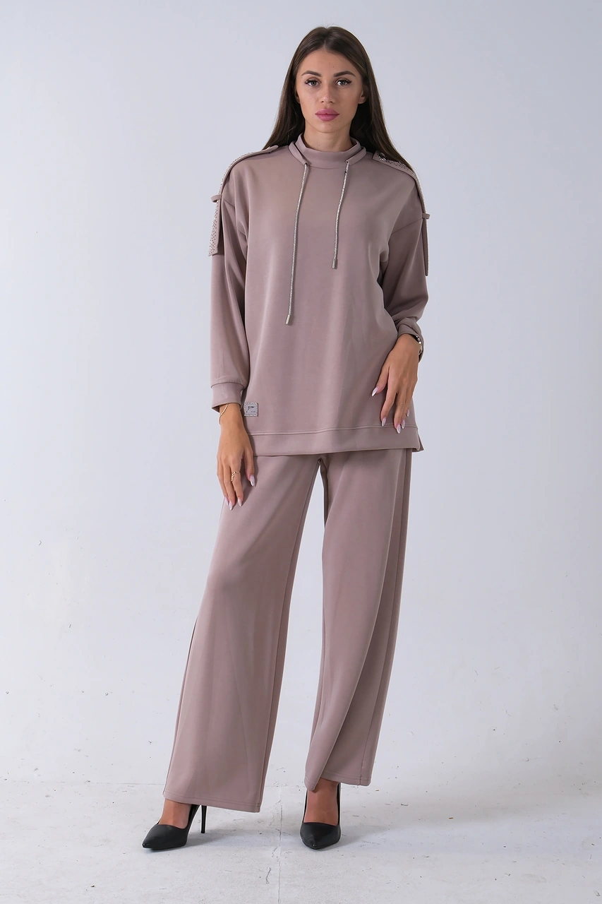 Feminist Vizon Omuz Apolet Detaylı Yakası İpli Tunik Pantolonlu Takım 4577281.34 Vizon