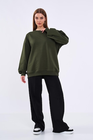 Mmetalic Haki Kadın Pamuklu Oversize Basic Bisiklet Yaka Sweatshirt 001