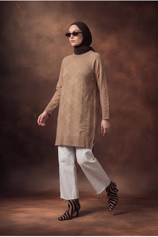 Armine Trend Geometrik Desenli Bisiklet Yaka Uzun Kollu Rahat Kesim Tunik Koyu Taş 26ktd411 Koyu Kahverengi
