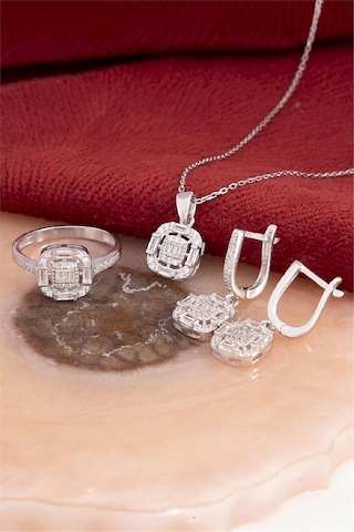 925 Ayar Gümüş Rodyumlu Zirkon Süslemeli Baget Bayan Takı Seti -8239 Gümüş