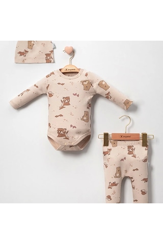 3-18 Ay Erkek Bebek Takımı Karaca 3'lü Şapkalı Kahverengi