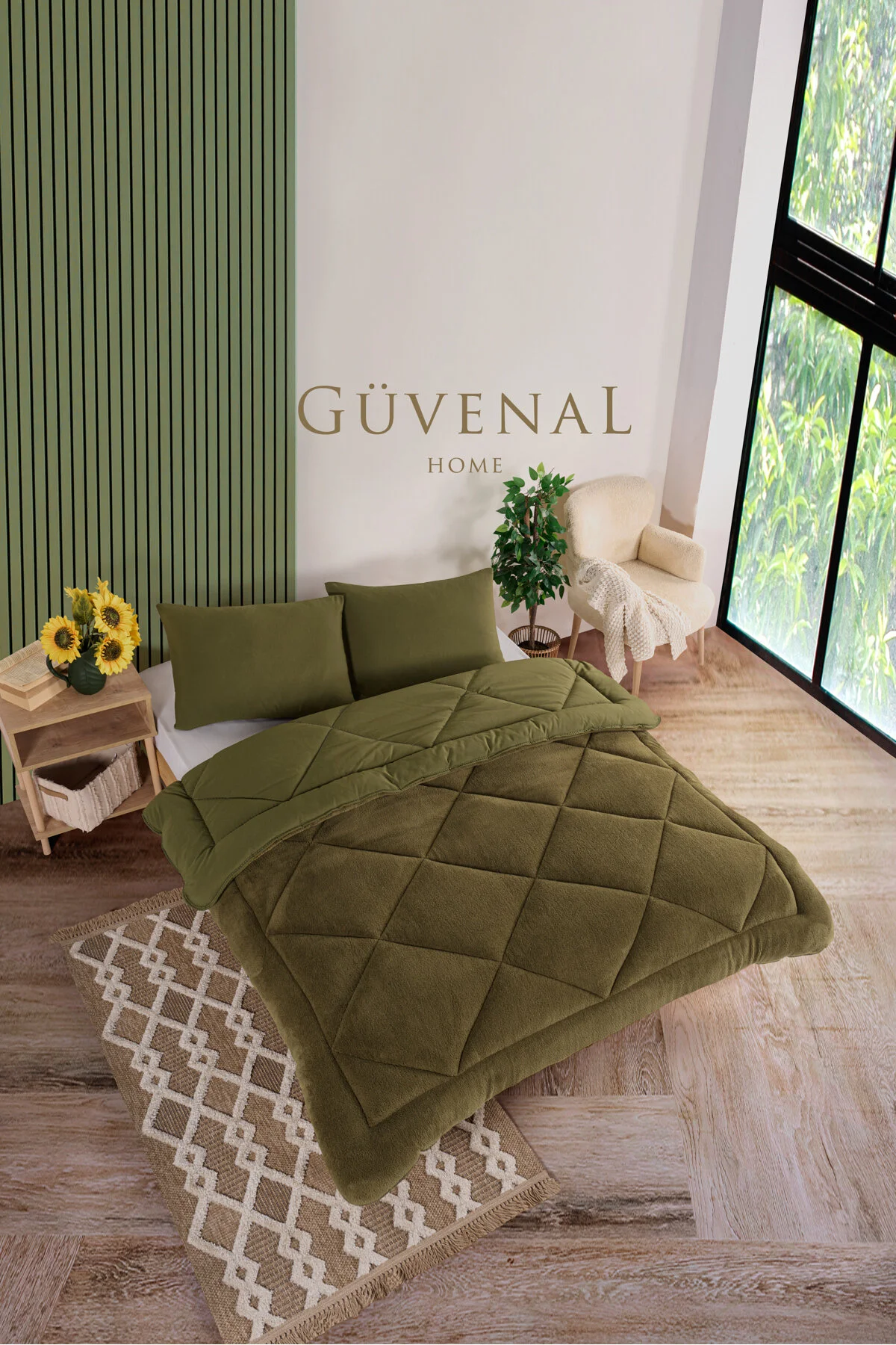 Güvenal Elite Wellsoft Çift Kişilik Çift Taraflı Yastık Kılıflı Lüx Yorgan Seti Yorgan Uyku Seti Çeyiz Yeşil