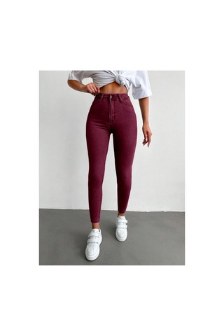 Kene Jeans Yüksek Bel Bordo Keten Dar Paça Pantolon Bordo