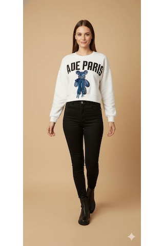 Kadın Ayı Figürlü Crop Sweat Payetli Teddy Bear İpli Detaylı Yazılı Yuvarlak Yaka Kısa Swat Ekru