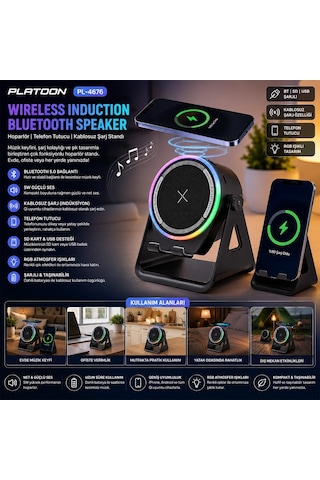 Platoon Pl-4676 Bluetooth Wireless Speaker Hoparlör 5w Usb Şarjlı Rgb Işıklı Telefon Tutacak Bt Sd
