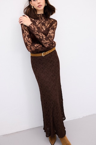 Sateen Dantelli Uzun Etek - Kahve-136890 Kahve
