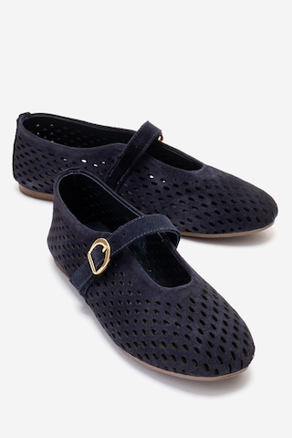Luvishoes Arian Lacivert Süet Hakiki Deri Delikli Kadın Babet Ayakkabı Lacivert