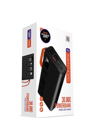Powerway 30.000 Mah Pd 22.5w Dahili Kablolu Hızlı Şarj Fener Gerçek 30.000 Mah Qc30s Siyah Powerbank